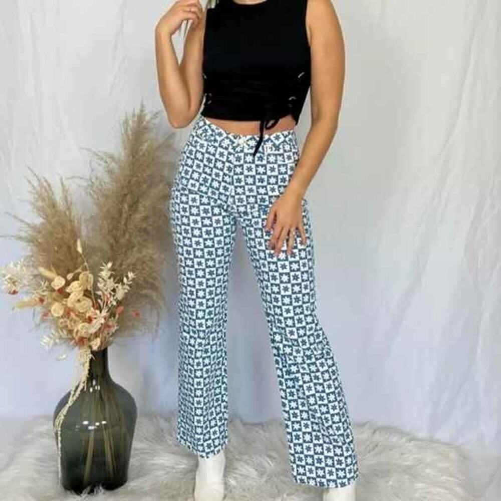 BaeVely Jackie floral checker jeans Sz Small BOHO HIPPIE